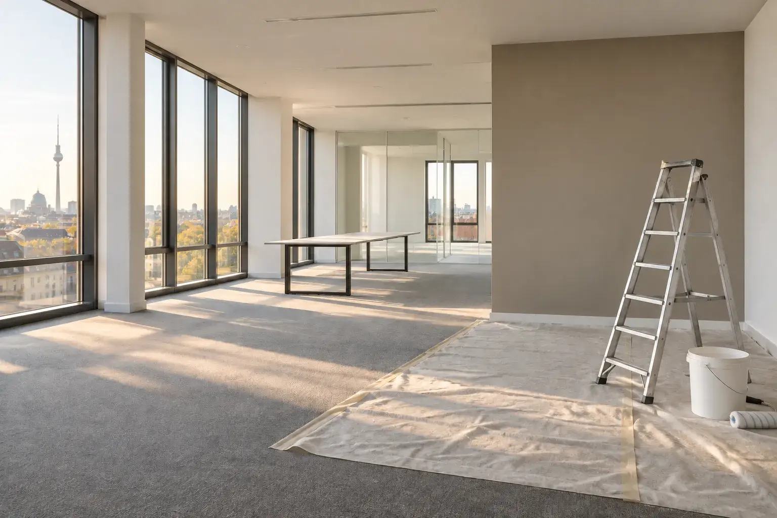 Symbolbild: leere, helle Büroetage mit abgedecktem Teppichboden, Leiter und Farbeimer